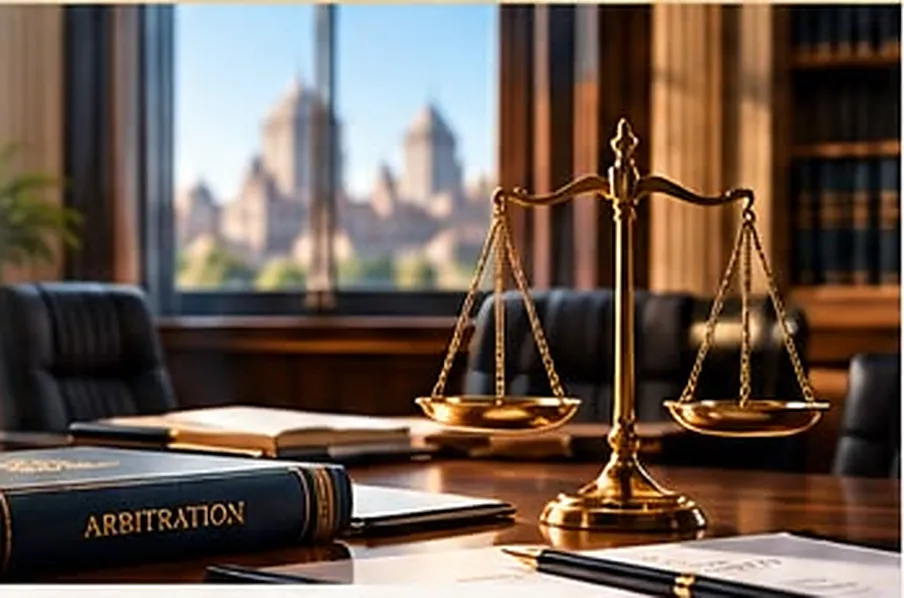Scales of justice and Arbitration book on a desk in a law office