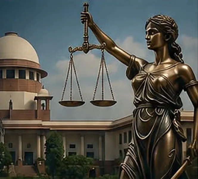 Supreme Court of India with the statue of Justice holding scales