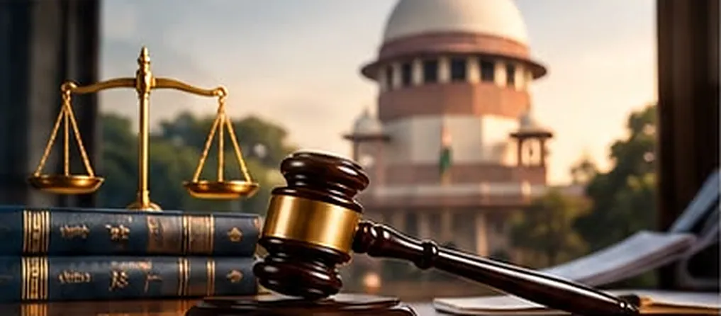 Gavel, scales of justice and law books with the Supreme Court of India in the background