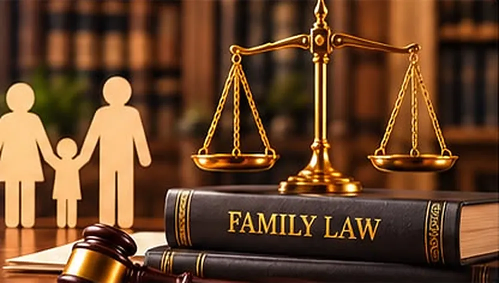 Family figures beside scales of justice and a Family Law book