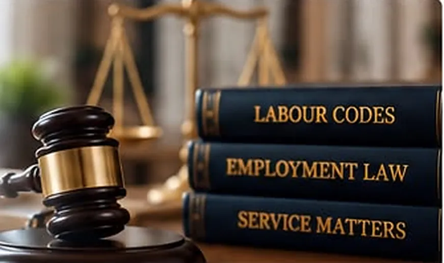 Gavel with Labour Codes, Employment Law and Service Matters books