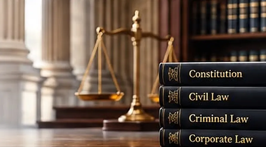Law books on Constitution, Civil Law, Criminal Law and Corporate Law with the scales of justice