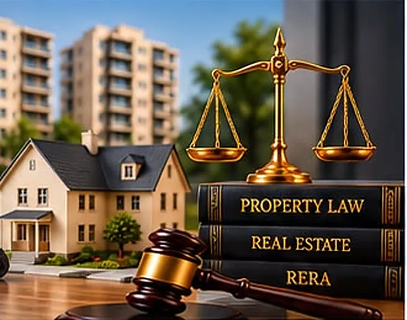 Model house, scales of justice and Property Law books