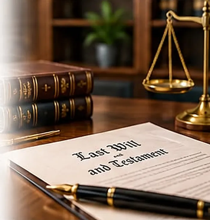 Last Will and Testament document with a fountain pen, law books and scales